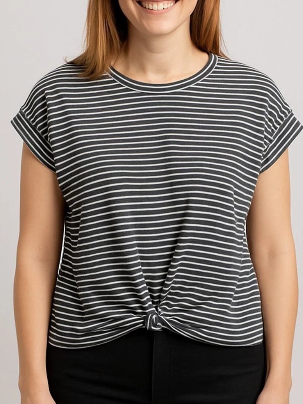 Marc New York black white stripe knot front cap sleeve tshirt top blouse shirt